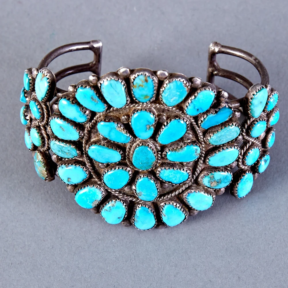 Zuni Sterling Silver And Turquoise Petit Point Cluster Bracelet